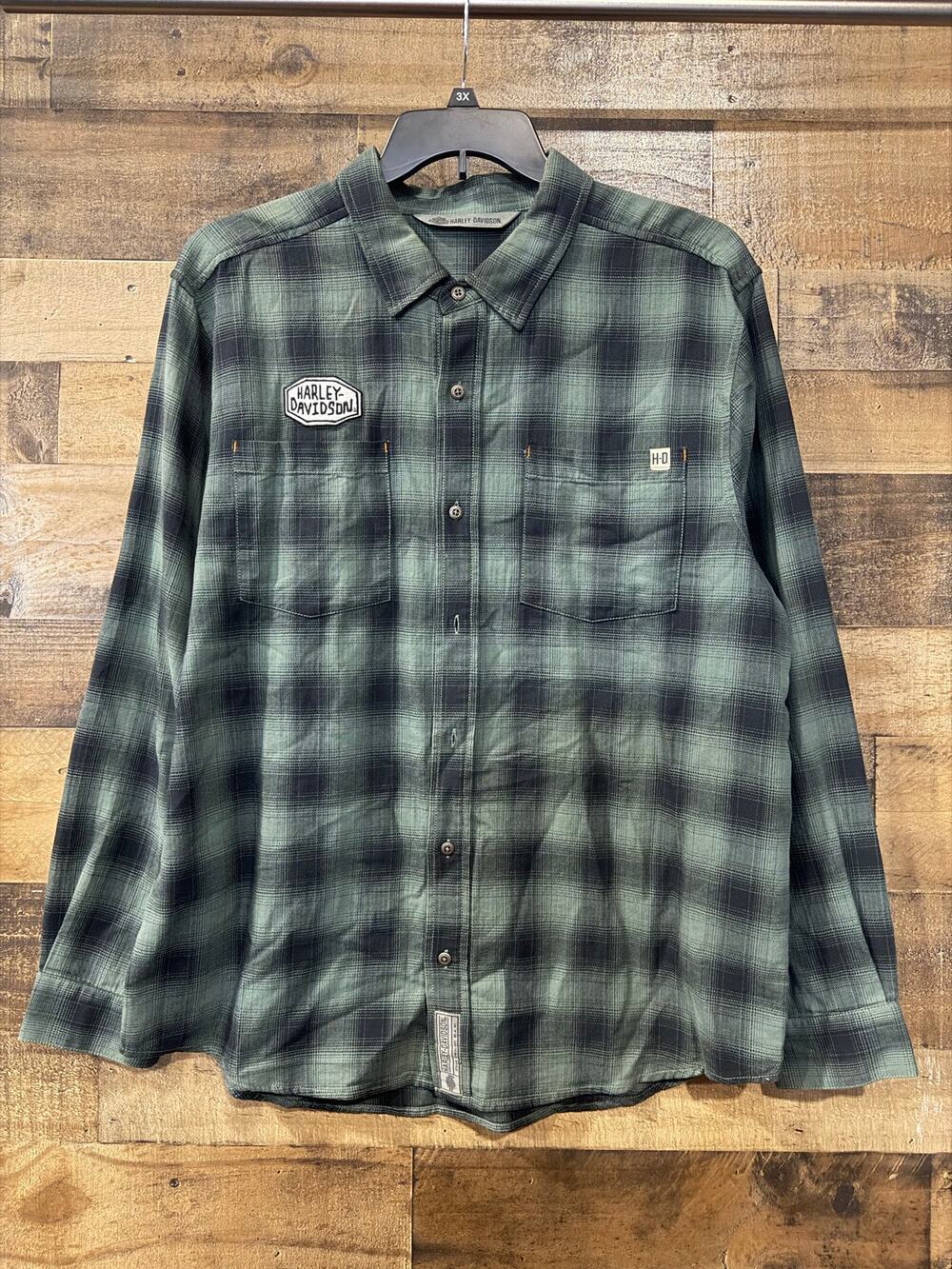 Harley-Davidson Men #1 Logo Plaid Long-Sleeve Flannel Shirt-Green/Black Plaid-XL